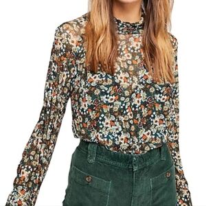 Free People Sheer Floral Blouse Draped High Neck Boho Romantic Top Size L